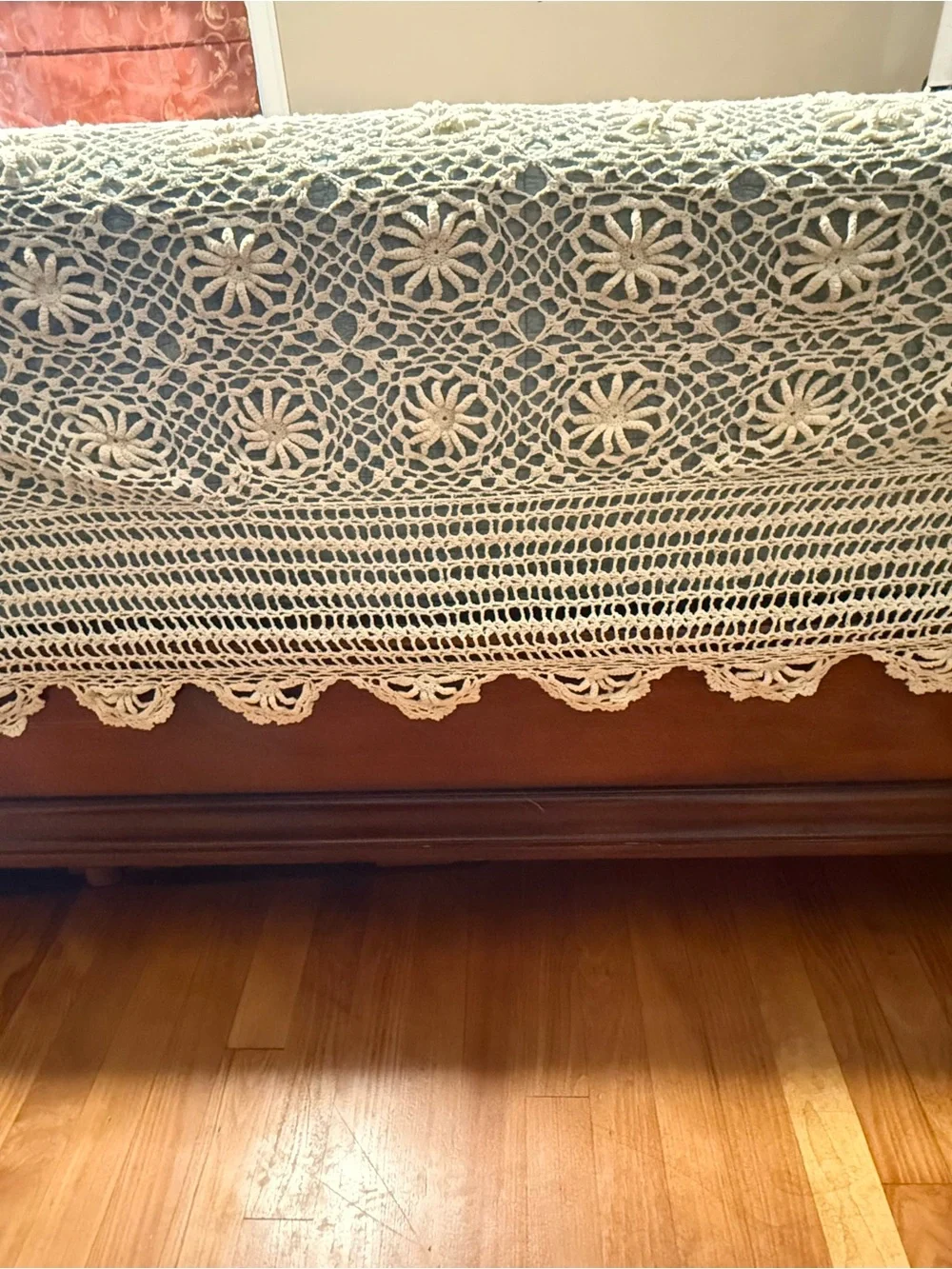 Handmade Crochet Bedspread in Cream and Light Blue